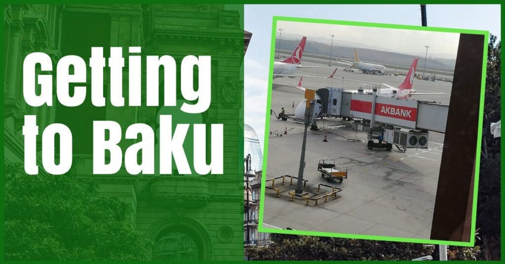 shows buta airways plane in framed box at baku airport and baku city centre in the background