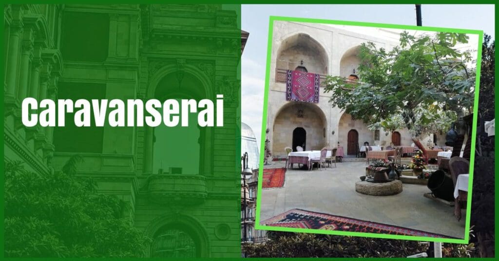 caravabserai in baku with trees in centre of the courtyard