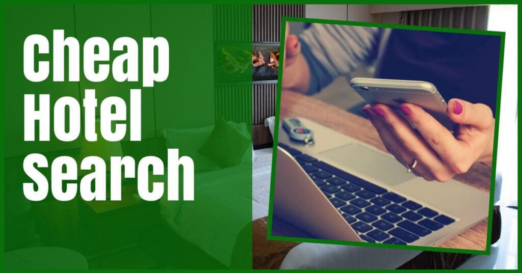 shows someone holidng phone while on laptop with hotel room as background how to get cheap hotel deals
