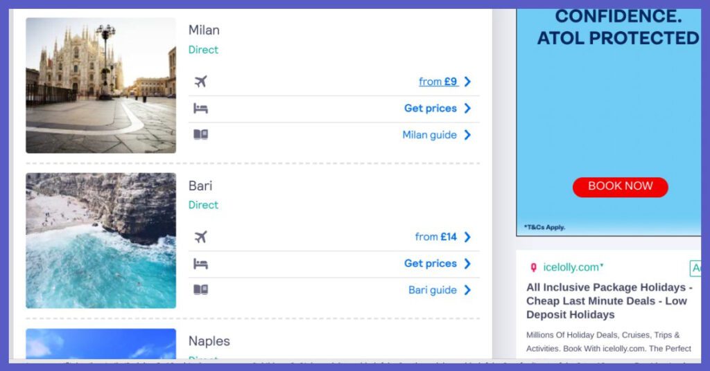shows flights to italy on skyscanner with milan and bari shown