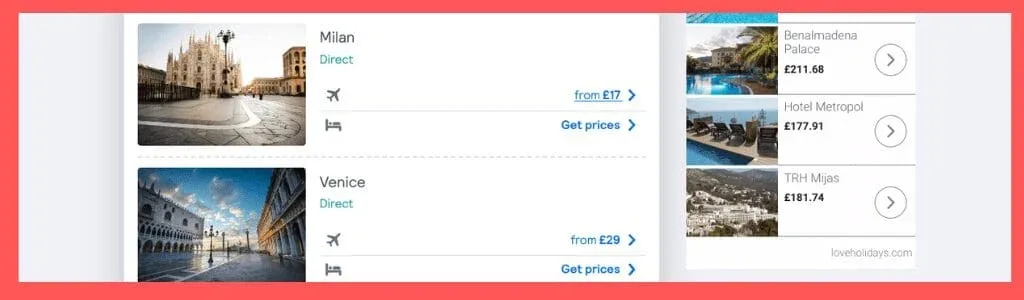 find cheap flights with box showing destinations