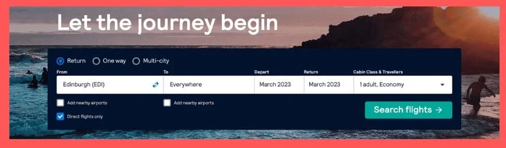 find cheaper flights with box showing skyscanner search from edinburgh to everywhere