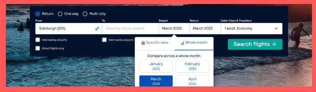 how to find cheap flights to anywhere with box showing skyscanner search