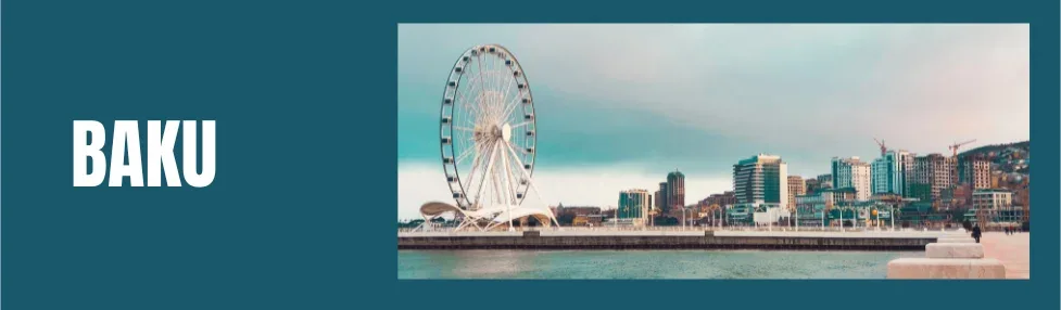 what to do in baku image showing baku eye sitting beside the caspian sea and the promenade with city buildings behind
