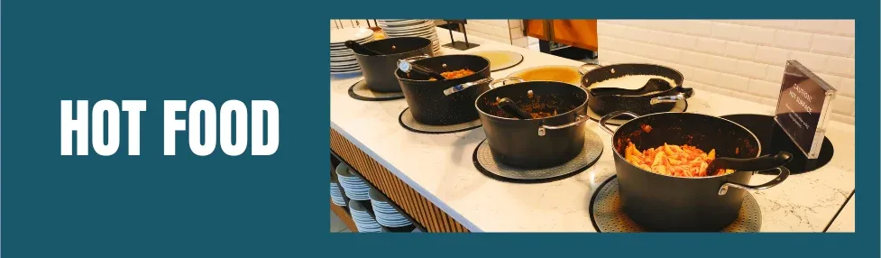 no1 lounge gatwick north showing hot food selection in serving pots on heated stands in the main lounge area