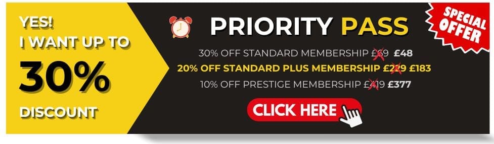 priority pass special offer banner showing up to 30% discount off priority pass membership rates